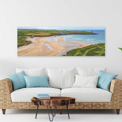 Crantock beach, panoramic canvas picture print. Aerial view