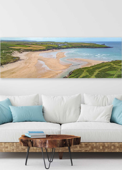Crantock beach, panoramic canvas picture print. Aerial view