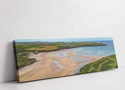 Crantock beach, panoramic canvas picture print. Aerial view