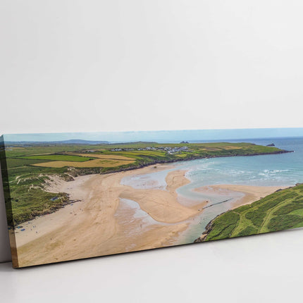 Crantock beach, panoramic canvas picture print. Aerial view