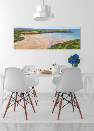 Crantock beach, panoramic canvas picture print. Aerial view