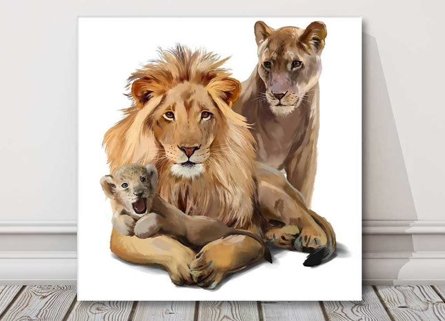 Lion family watercolour painting animal canvas picture print