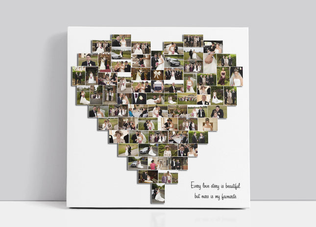Heart shaped collage design. A collection of your favourite pictures designed into a heart shape canvas print. Beautiful personalised gift.