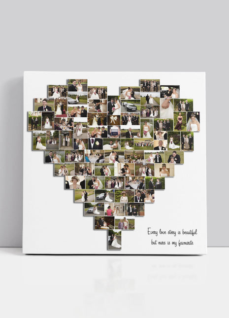 Heart shaped collage design. A collection of your favourite pictures designed into a heart shape canvas print. Beautiful personalised gift.