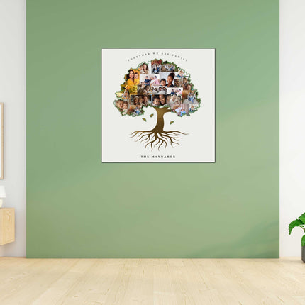 Family tree shaped canvas picture print collage. My pictures printed and arranged in a tree shape. Customised text