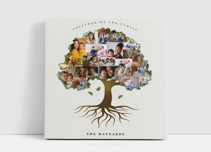 Family tree shaped canvas picture print collage. My pictures printed and arranged in a tree shape. Customised text
