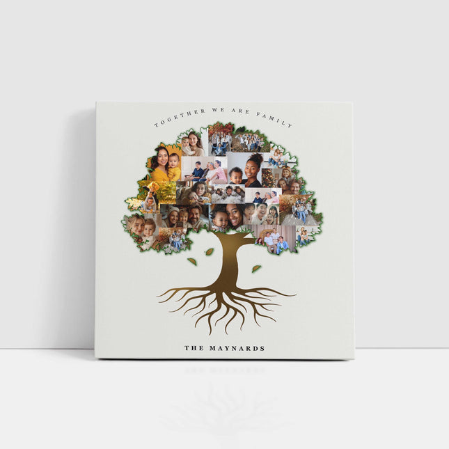 Family tree shaped canvas picture print collage. My pictures printed and arranged in a tree shape. Customised text