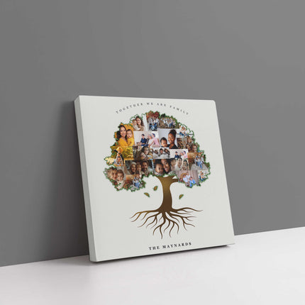 Family tree shaped canvas picture print collage. My pictures printed and arranged in a tree shape. Customised text