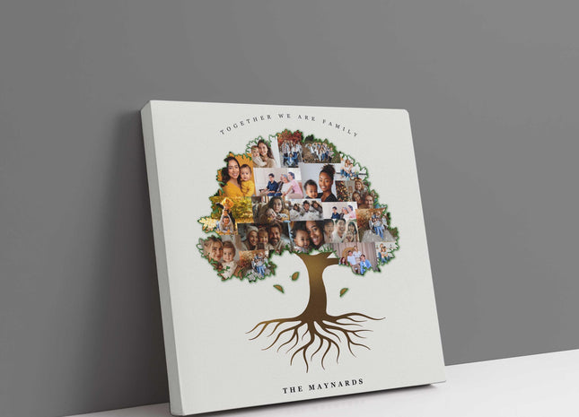 Family tree shaped canvas picture print collage. My pictures printed and arranged in a tree shape. Customised text