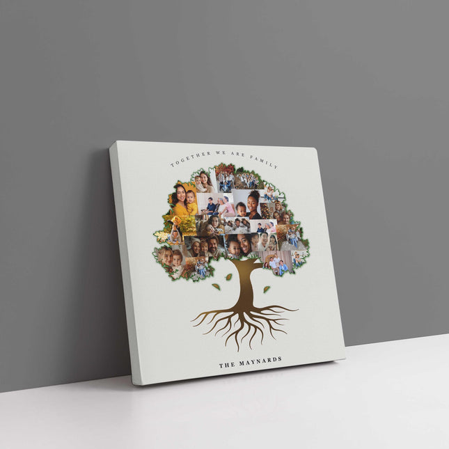 Family tree shaped canvas picture print collage. My pictures printed and arranged in a tree shape. Customised text