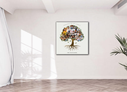 Family tree shaped canvas picture print collage. My pictures printed and arranged in a tree shape. Customised text