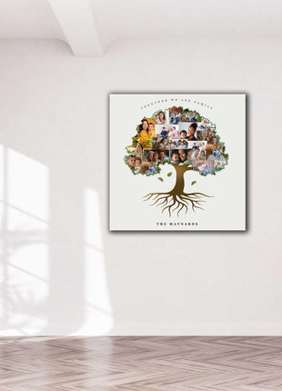 Family tree shaped canvas picture print collage. My pictures printed and arranged in a tree shape. Customised text