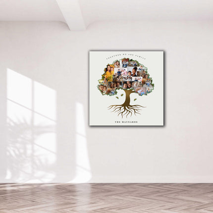 Family tree shaped canvas picture print collage. My pictures printed and arranged in a tree shape. Customised text