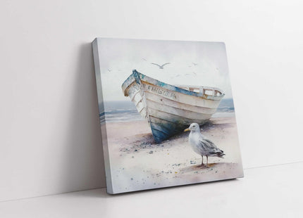 coastal art work framed canvas picture print fishing boat seagul painting set