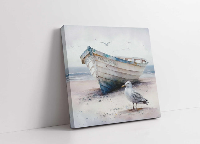 coastal art work framed canvas picture print fishing boat seagul painting set