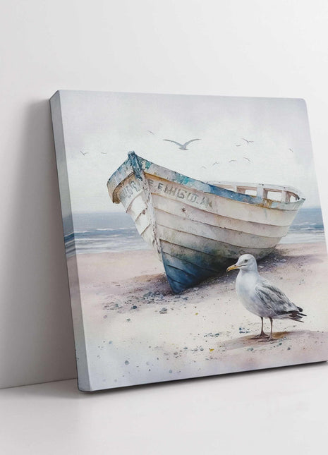 coastal art work framed canvas picture print fishing boat seagul painting set