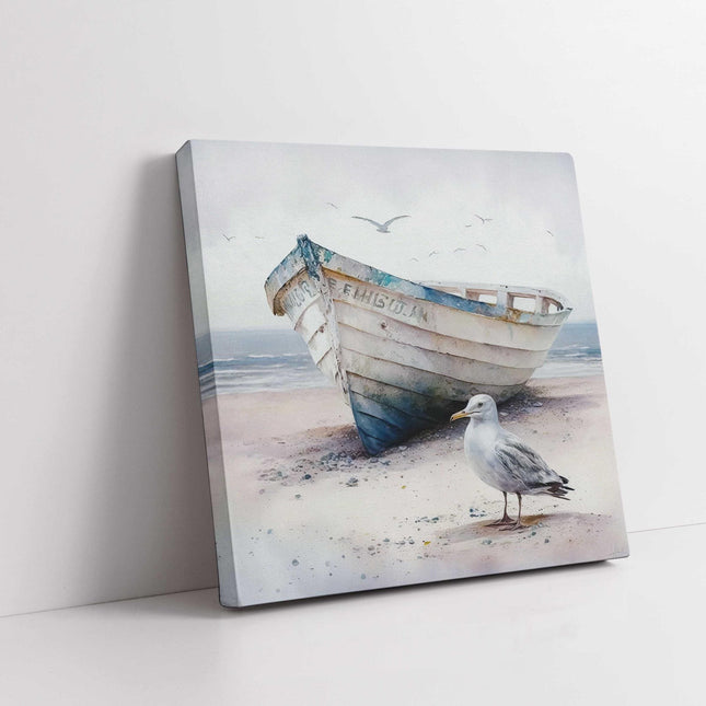 coastal art work framed canvas picture print fishing boat seagul painting set