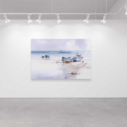 coastal art work framed canvas picture print beach boats painting, set available