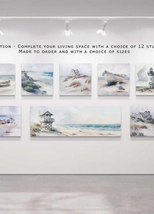 Coastal art work framed canvas picture print. Lifeguard hut watercolour painting, set available.