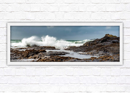 Framed picture of Trevone, Cornwall. Panoramic, Cornwall beach scene. A choice of picture frames and sizes.