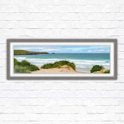 Framed picture of Fistral beach, Cornwall. Panoramic, Cornwall beach scene. A choice of picture frames and sizes.