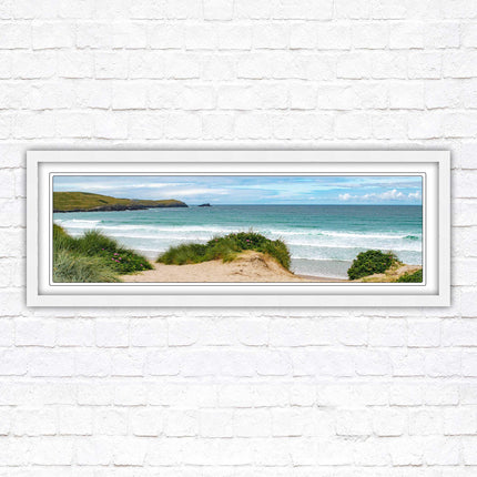 Framed picture of Fistral beach, Cornwall. Panoramic, Cornwall beach scene. A choice of picture frames and sizes.