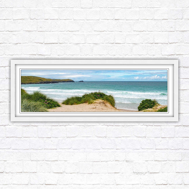 Framed picture of Fistral beach, Cornwall. Panoramic, Cornwall beach scene. A choice of picture frames and sizes.