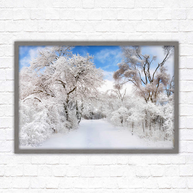 beautiful snow trees sunnry day winter scene. Framed picture with choice of frame colours