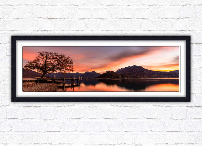 Sunset across the lake. Panoramic framed in a picture frame with choice of colours