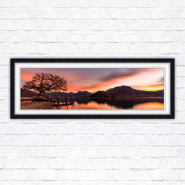 Sunset across the lake. Panoramic framed in a picture frame with choice of colours