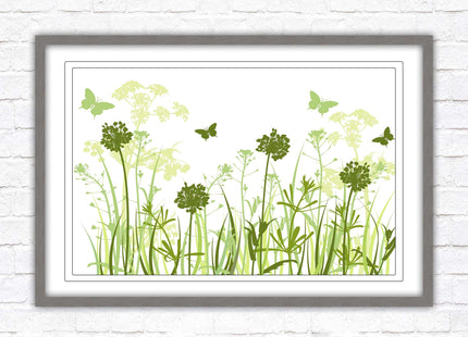 Butterflies and wild flowers. Framed picture with choice of frame colours. Green tone wall art. Image 2.