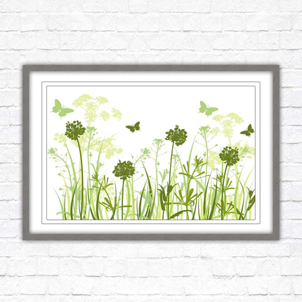 Butterflies and wild flowers. Framed picture with choice of frame colours. Green tone wall art. Image 2.