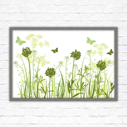 Butterflies and wild flowers. Framed picture with choice of frame colours. Green tone wall art. Image 2.