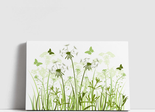 Wild flowers and butterflies, green grasses. Canvas Print, Wall art for home or office (Interior Decor) green. Ideal gift. Image 1.