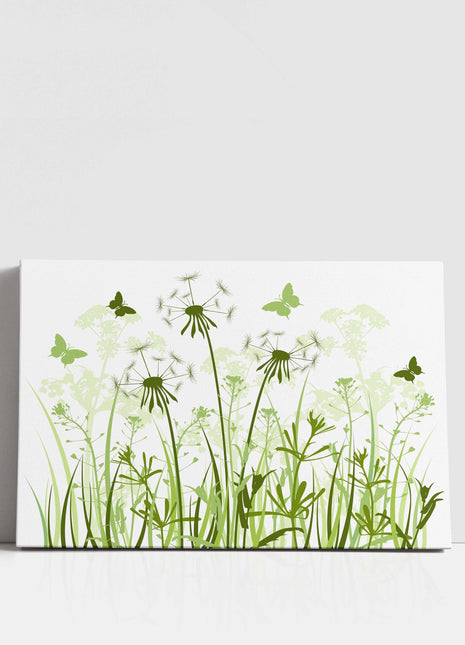 Wild flowers and butterflies, green grasses. Canvas Print, Wall art for home or office (Interior Decor) green. Ideal gift. Image 1.