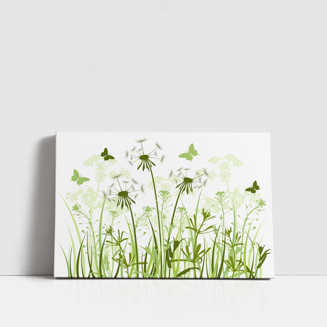 Wild flowers and butterflies, green grasses. Canvas Print, Wall art for home or office (Interior Decor) green. Ideal gift. Image 1.