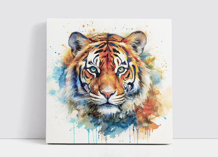 Tiger wall art canvas picture print with paint splash and white background framed and ready to hang