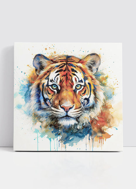 Tiger wall art canvas picture print with paint splash and white background framed and ready to hang