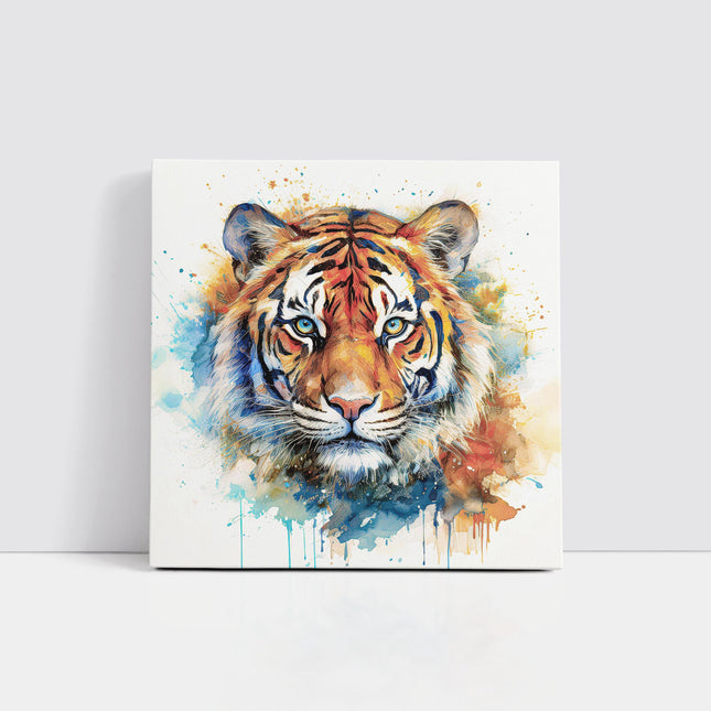 Tiger wall art canvas picture print with paint splash and white background framed and ready to hang