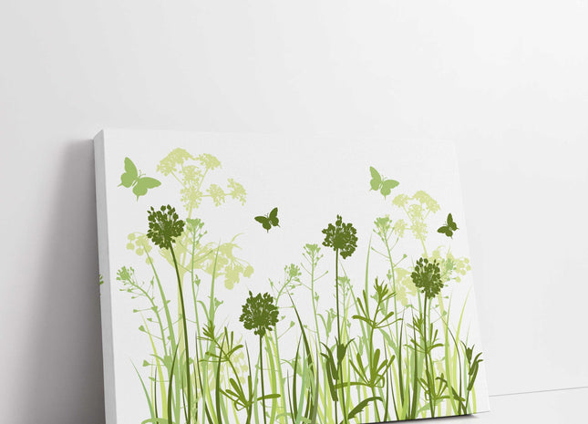 Wild flowers and butterflies, green grasses. Canvas Print, Wall art for home or office (Interior) green. Ideal gift. Image 3