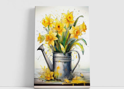 Spring Daffodils displayed in watering can. Printed and framed as a canvas picture. Wall Art for any home.