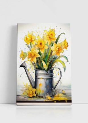 Spring Daffodils displayed in watering can. Printed and framed as a canvas picture. Wall Art for any home.