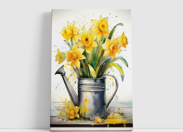 Spring Daffodils displayed in watering can. Printed and framed as a canvas picture. Wall Art for any home.