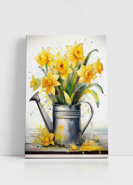 Spring Daffodils displayed in watering can. Printed and framed as a canvas picture. Wall Art for any home.