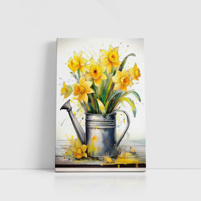 Spring Daffodils displayed in watering can. Printed and framed as a canvas picture. Wall Art for any home.