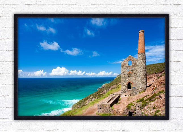 Cornish tin mine Framed picture print with a choice of frame colours. Beach seascape