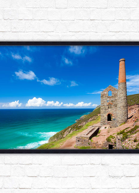 Cornish tin mine Framed picture print with a choice of frame colours. Beach seascape
