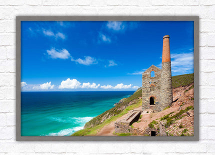 Cornish tin mine Framed picture print with a choice of frame colours. Beach seascape