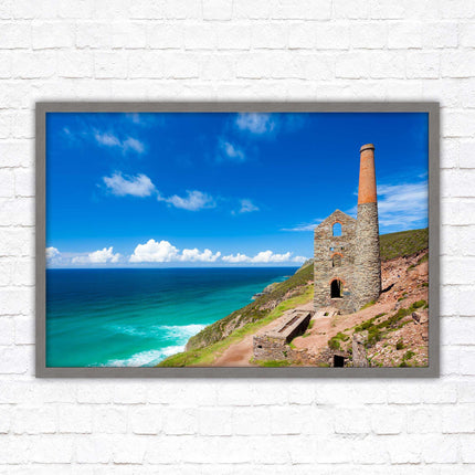 Cornish tin mine Framed picture print with a choice of frame colours. Beach seascape
