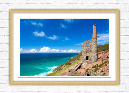 Cornish tin mine Framed picture print with a choice of frame colours. Beach seascape